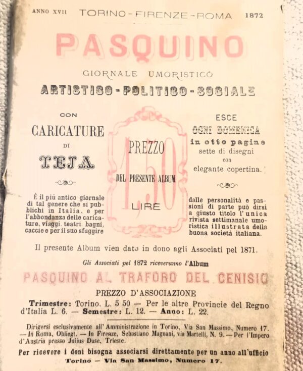 Rivista di satira risorgimentale IL PASQUINO - Numero unico - Da Torino a Roma. Ventitré anni di viaggio. Alfabeto di Pasquino compilato da Teja - immagine 14