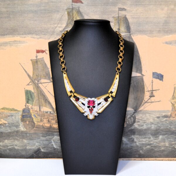 Collana vintage déco McClelland Barclay con cristalli rossi 1937